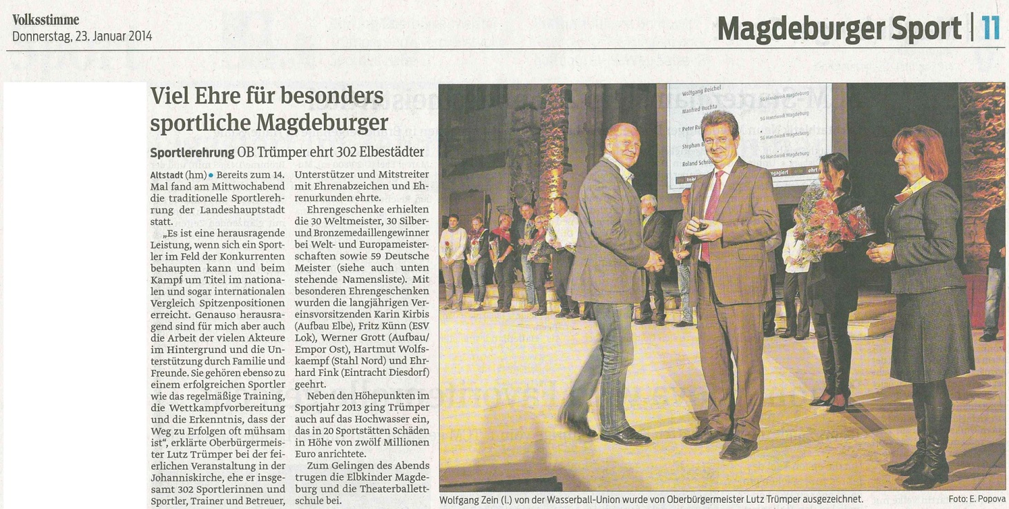 Sportlerehrung OB Tr�mper ehrt 302 Elbest�dter - Viel Ehre f�r besonders sportliche Magdeburger Volksstimme vom 23.01.2014
