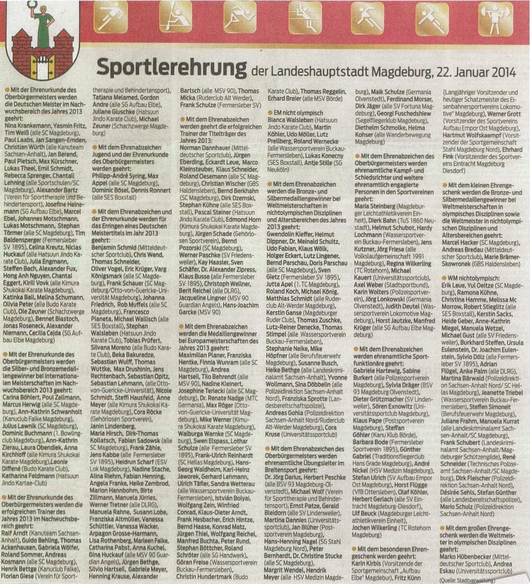 Sportlerehrung OB Tr�mper ehrt 302 Elbest�dter - Viel Ehre f�r besonders sportliche Magdeburger Volksstimme vom 23.01.2014